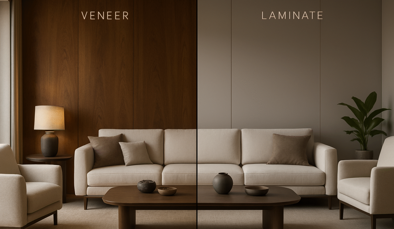 Veneer vs Laminate: Which is Better for Modern Indian Homes? — An Evospace Perspective 2 a_split-screen_photorealistic_modern_indian_living_room_with_a_minimalist_elegant_design_on_the_lef